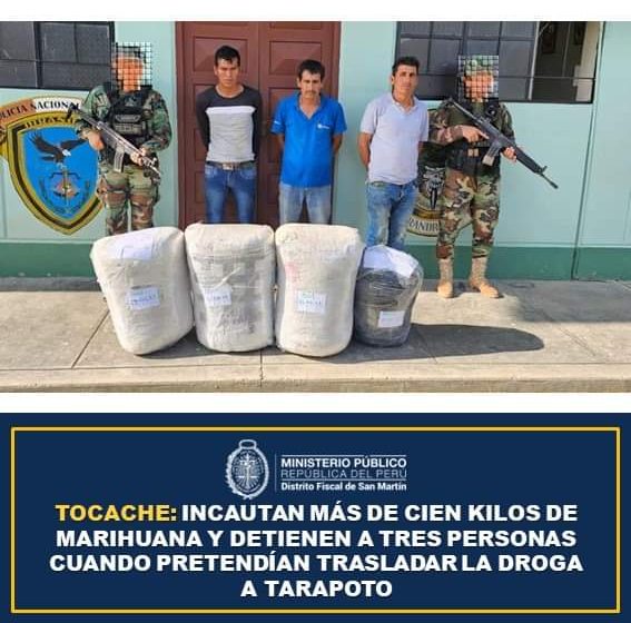  Tocache: Incautan más de cien kilos de marihuana y detienen a tres personas cuando pretendían trasladar la droga a Tarapoto